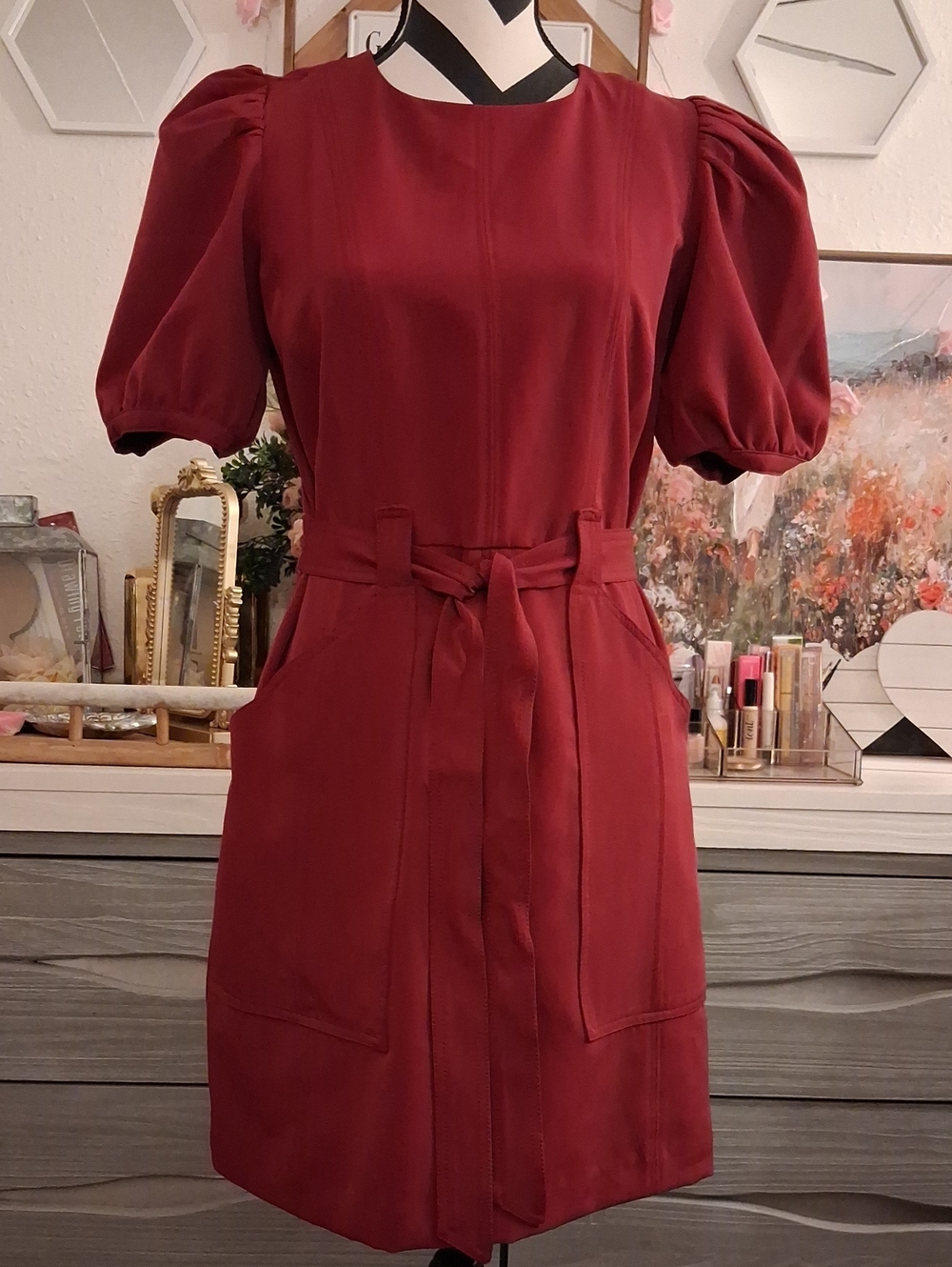 BCBG Burgundy Puff-Sleeve Tie-Waist Mini Dress